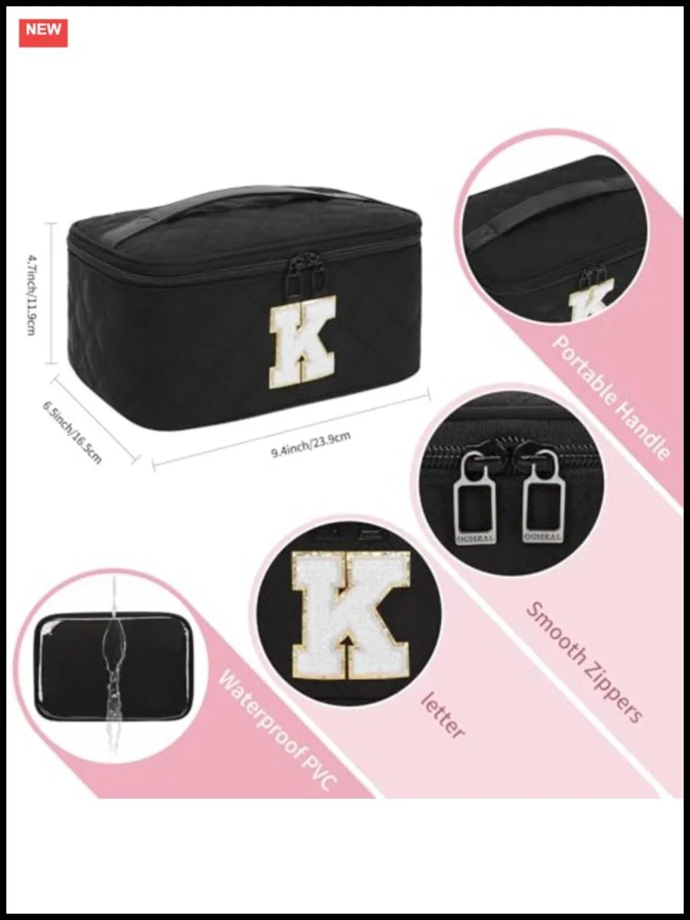 Makeup Bag for Women, Travel Cosmetic Case Organizer with Initial, Nylon,